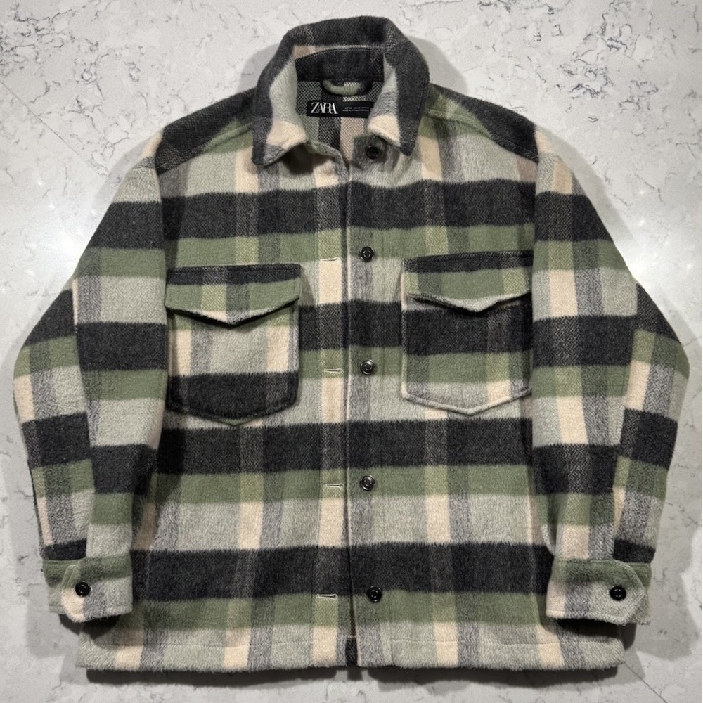 ZARA Flannel Shacket Womens XS Green‎ Gray Plaid Relaxed Fit Oversized Jacket